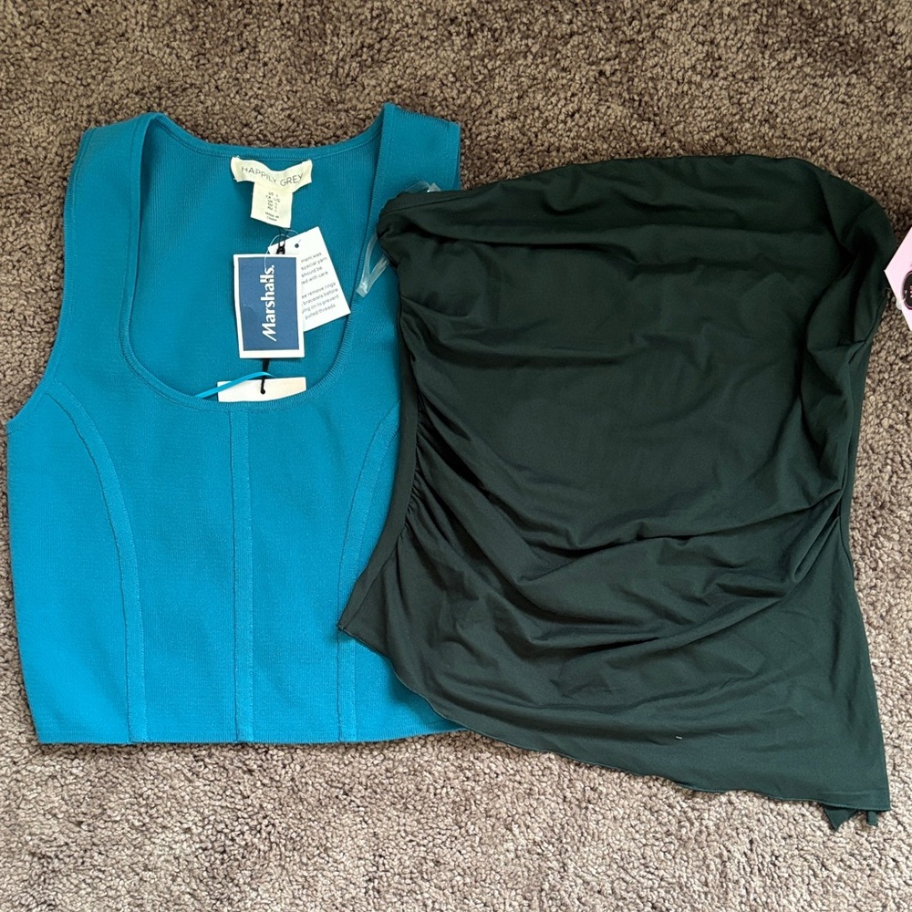 Teal Sleeveless Crop Top + Dark Green Strapless Top - M/L Two Piece Set